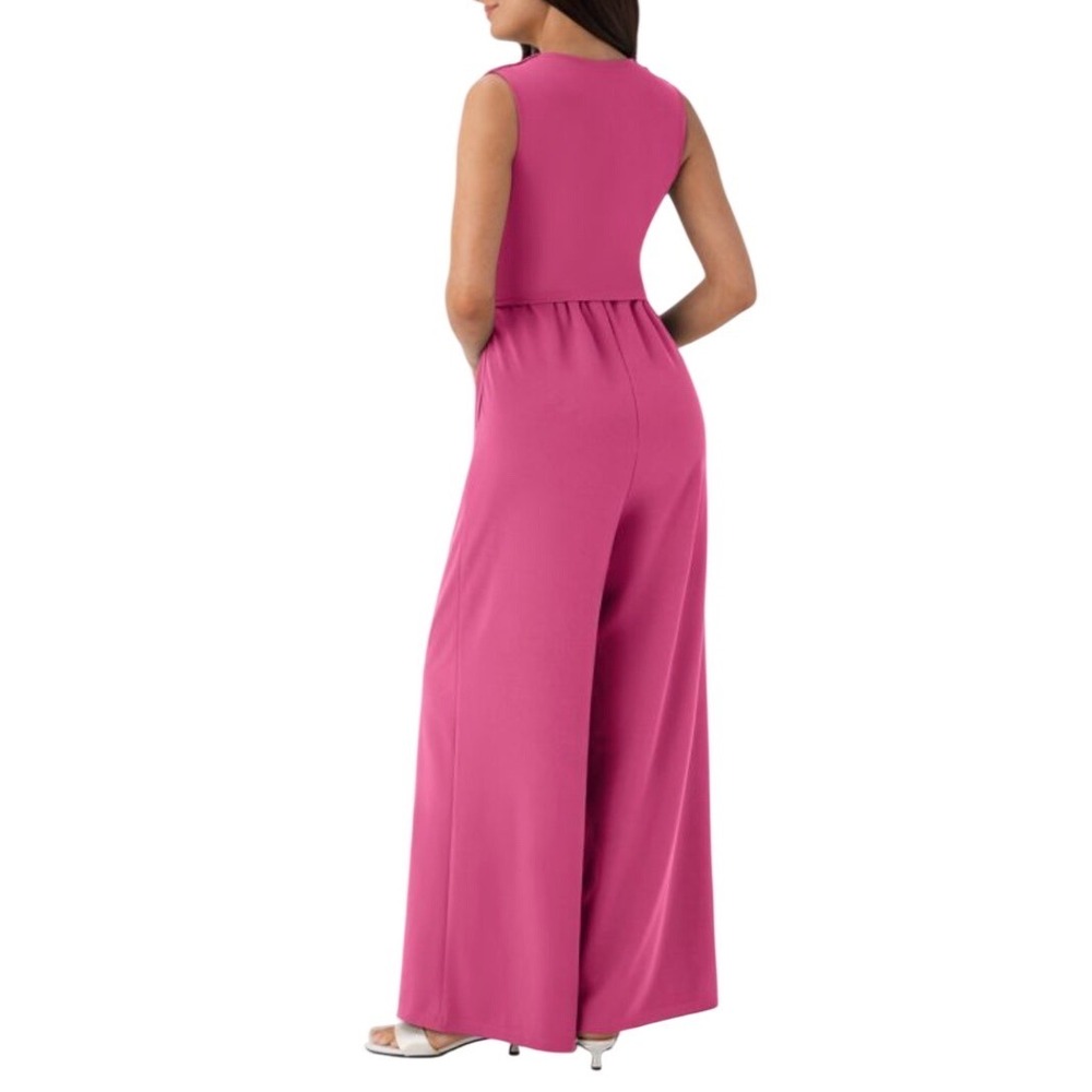 NWT Halara V Neck Sleeveless Ruched Pocket Jumpsuit-Easy Peezy Pink Wide Leg L - Picture 6 of 9